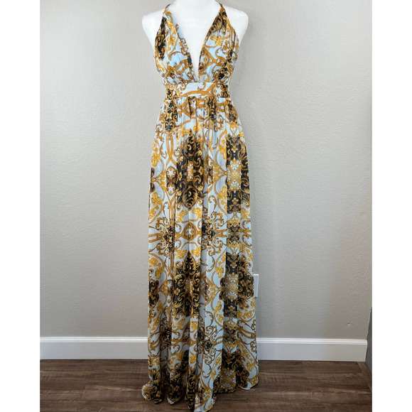 Powder Blue Gold Chiffon Baroque Sleeveless Open Back V-Neck Maxi Dress LG New - Picture 13 of 15